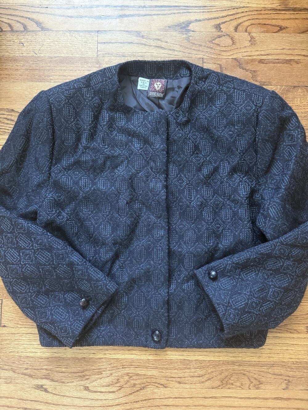 Vintage Anne Klein Wool Blend Textured Cropped Jacket Dark Gray Size 10